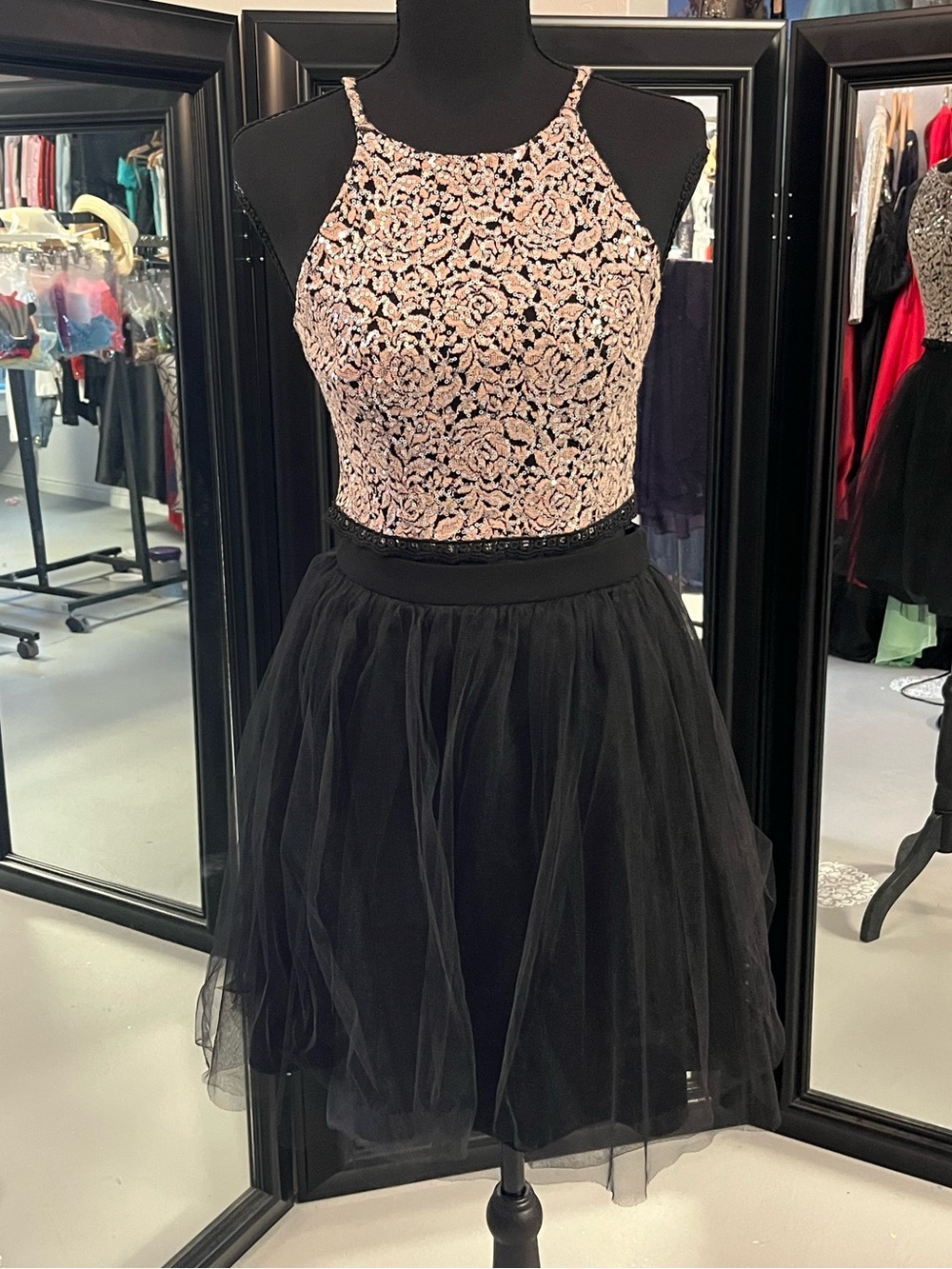 Black Tulle Prom Dress 2 pc with Cream Lace Bodice and Halter Neck